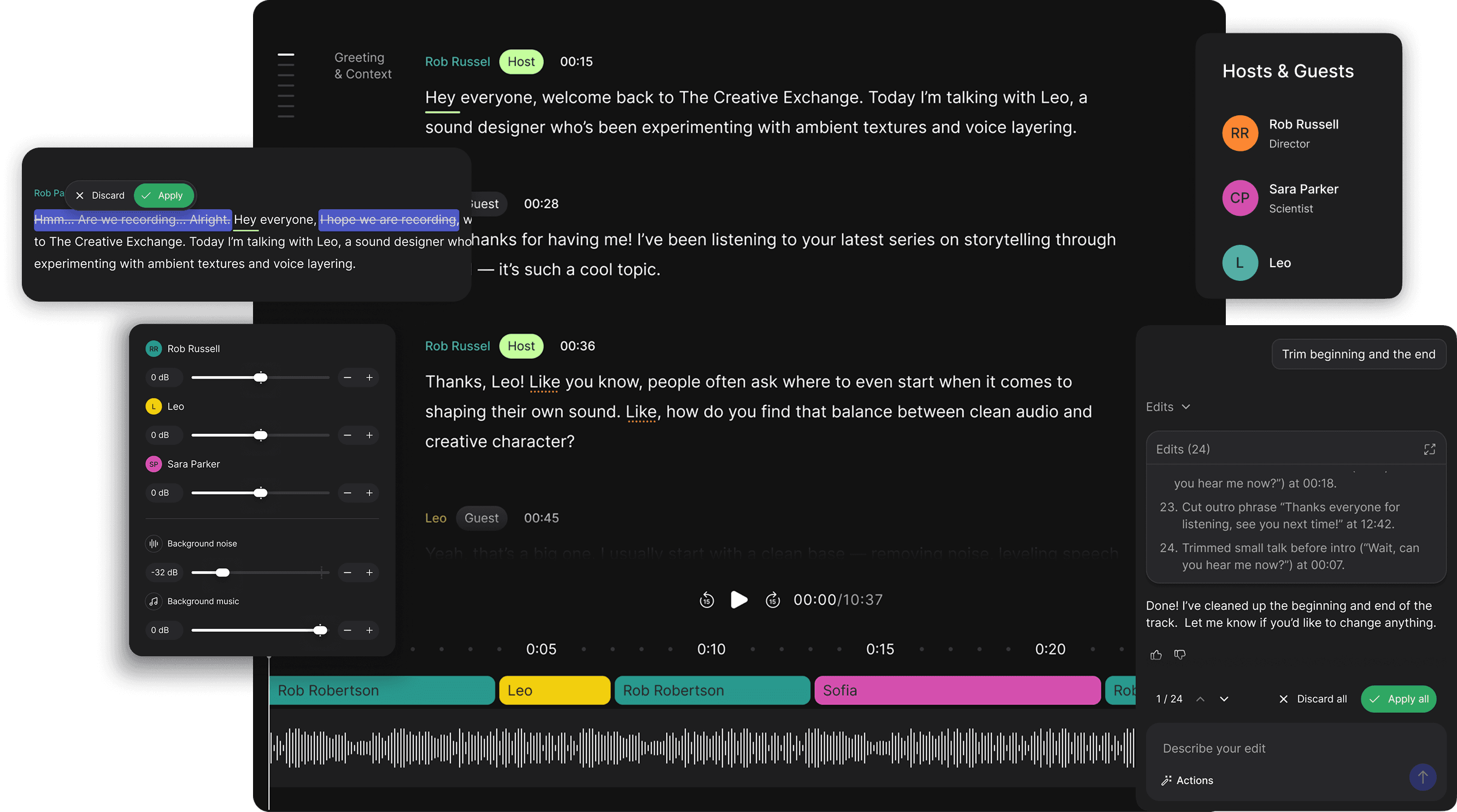 RØDECaster Studio interface showing transcript editing, audio mixer, edit assistant, and hosts panel