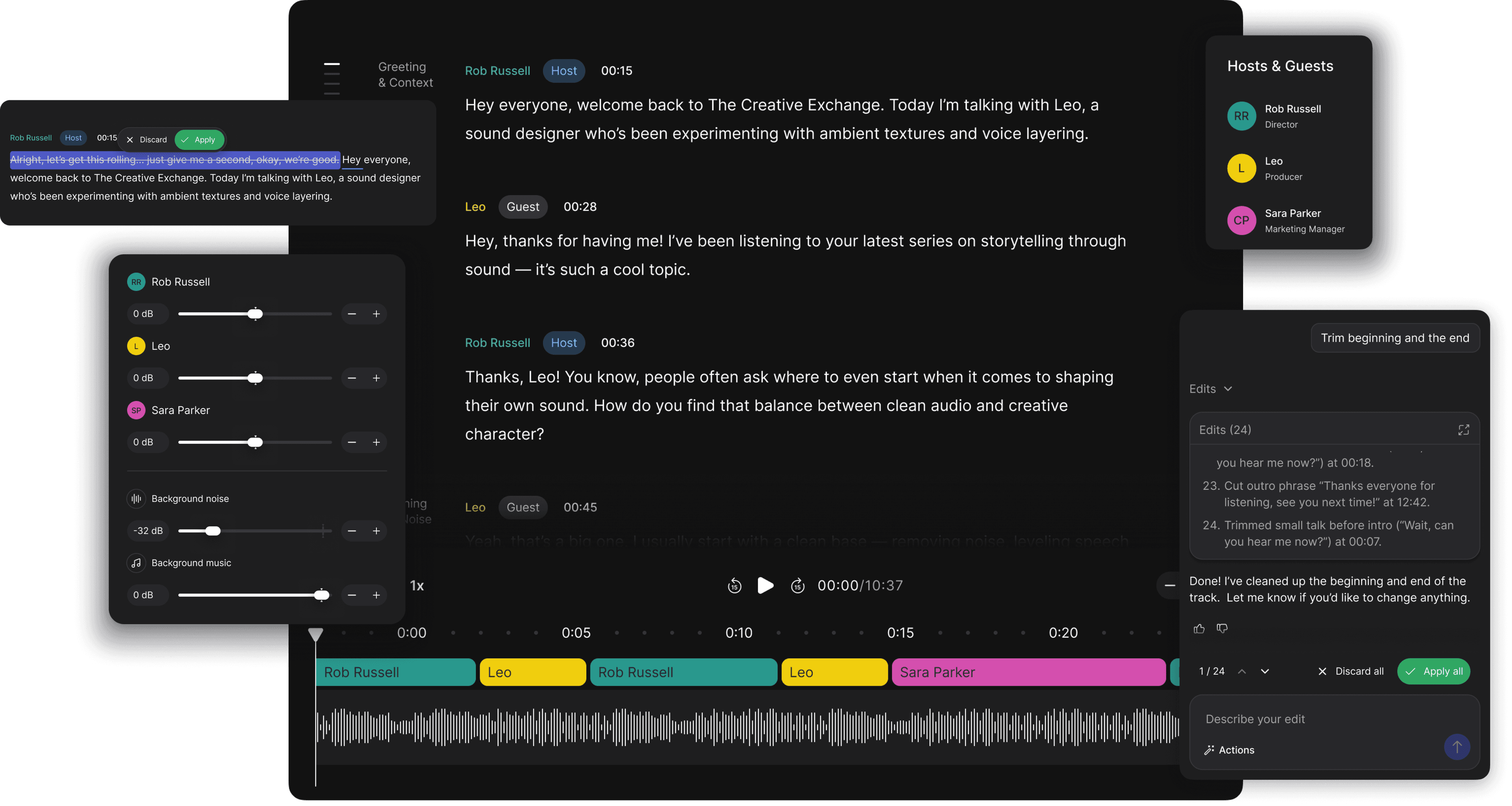 RØDECaster Studio interface showing transcript editing, audio mixer, edit assistant, and hosts panel