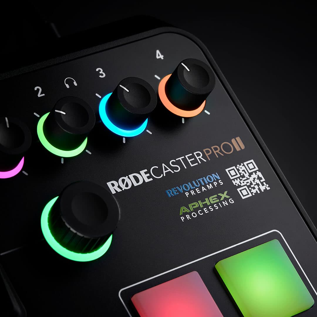 RØDECaster Pro II on a dark surface showing the pre-amp controls