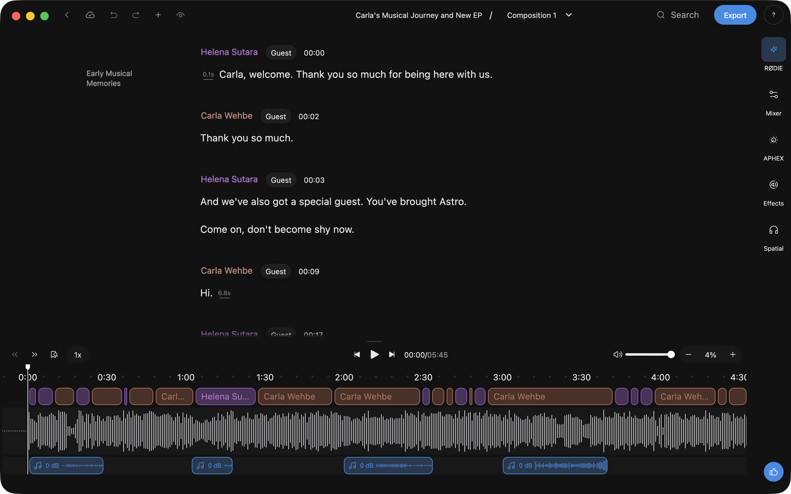 The editor showing a podcast transcript with each speaker named and timestamped, and the timeline below it