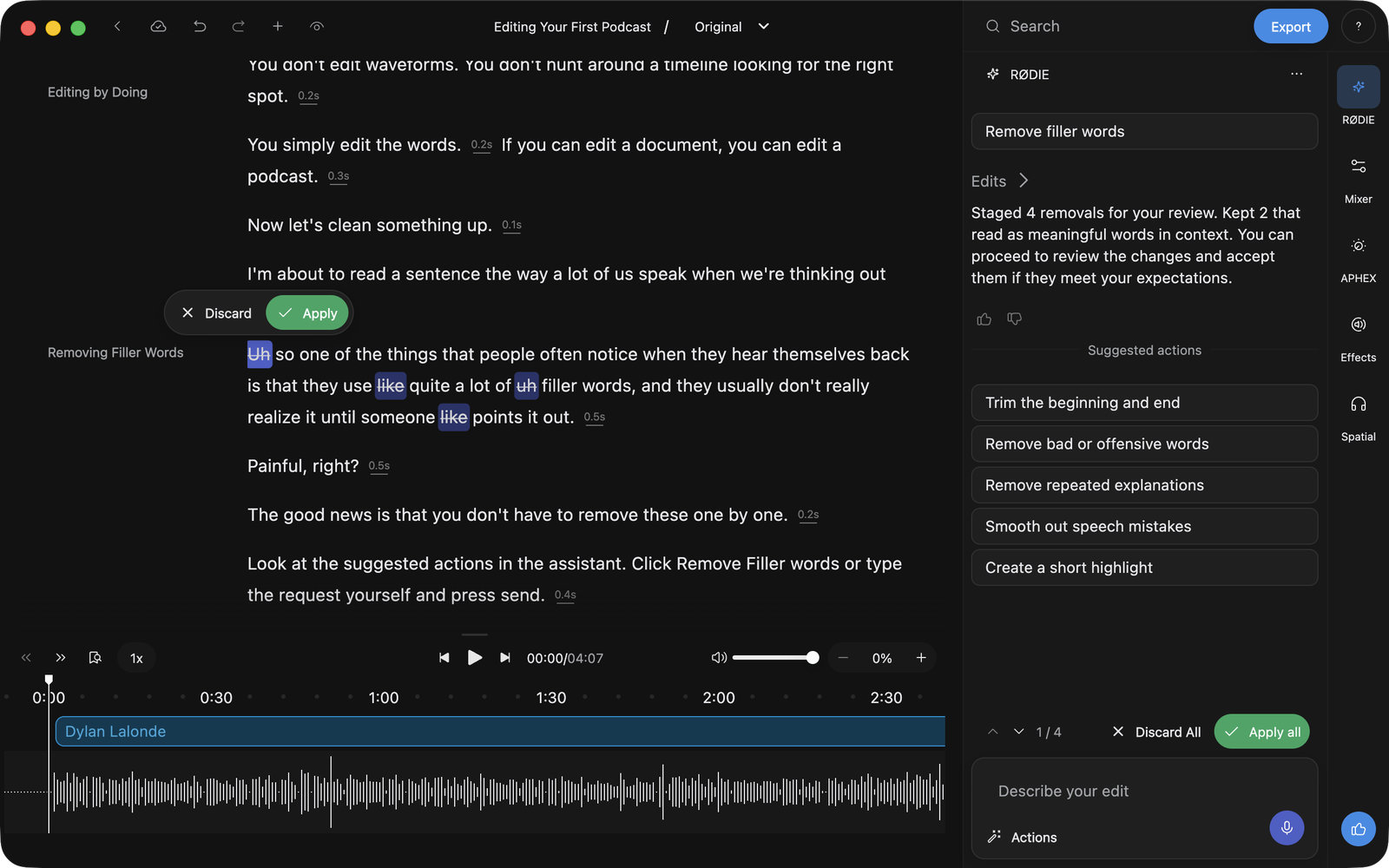 The editor after a filler word pass, with pending removals struck through in the transcript and the review bar offering Discard All and Apply all
