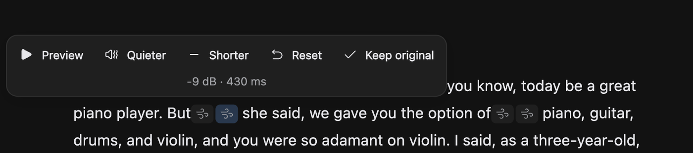 A transcript breath marker with its review popover open above the level and length readout