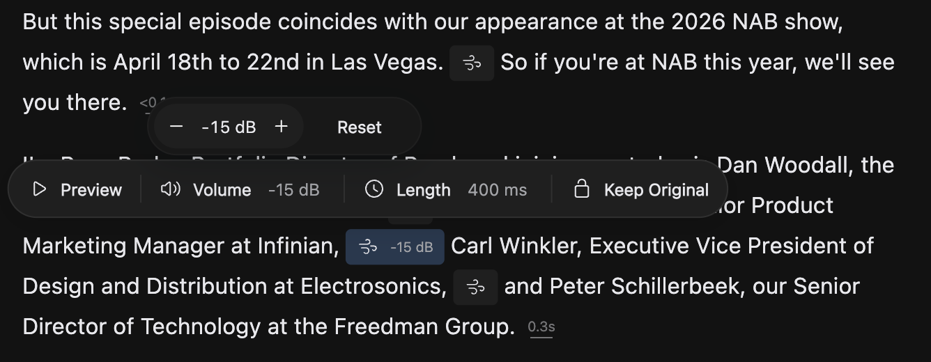 A breath's review toolbar with Preview, Volume, Length and Keep Original, and the Volume counter open above it