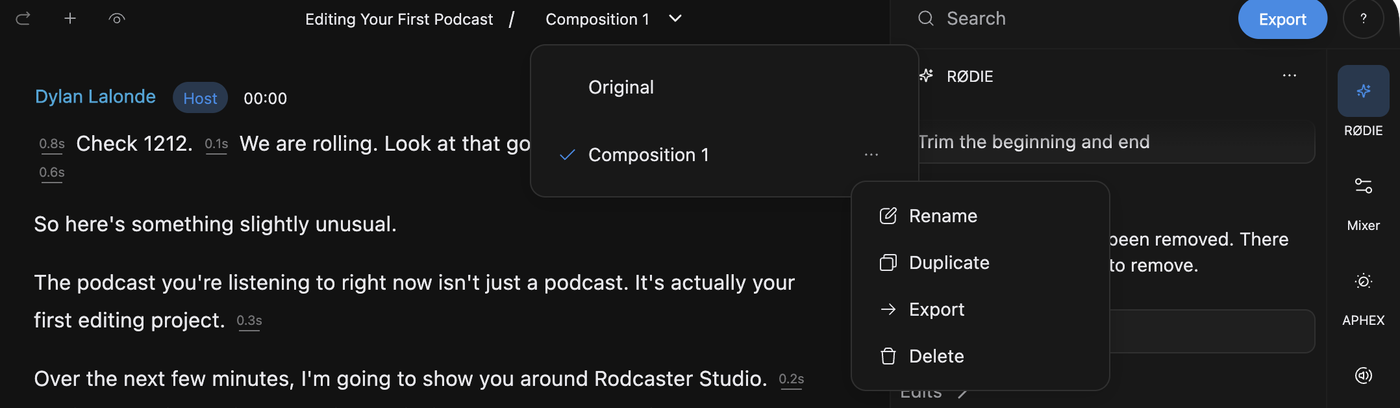 The editor composition dropdown with Original and two compositions listed and one row's menu open