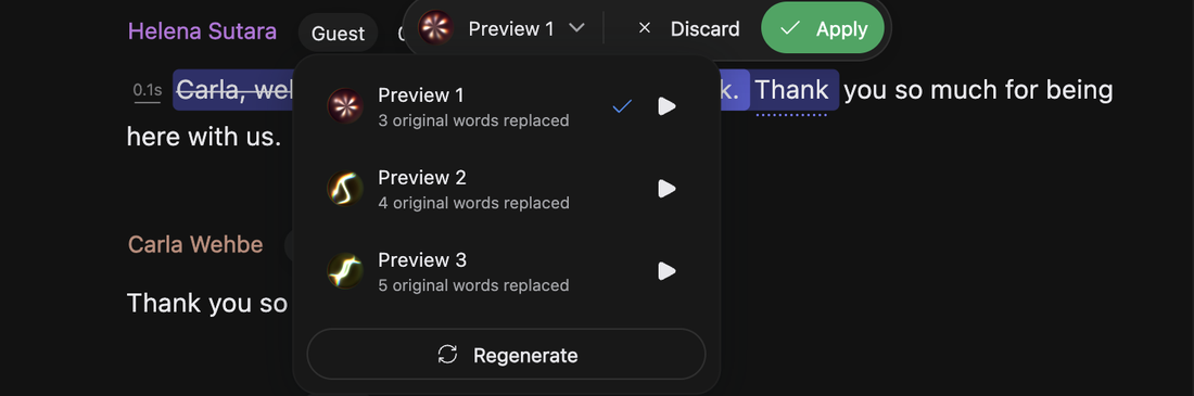 A pending correction with its Preview picker open, listing three takes and how many original words each replaces