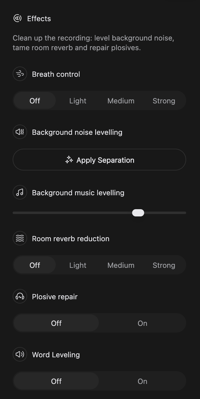 The Effects panel showing Breath control, Background noise levelling, Background music levelling, Room reverb reduction, Plosive repair and Word Leveling