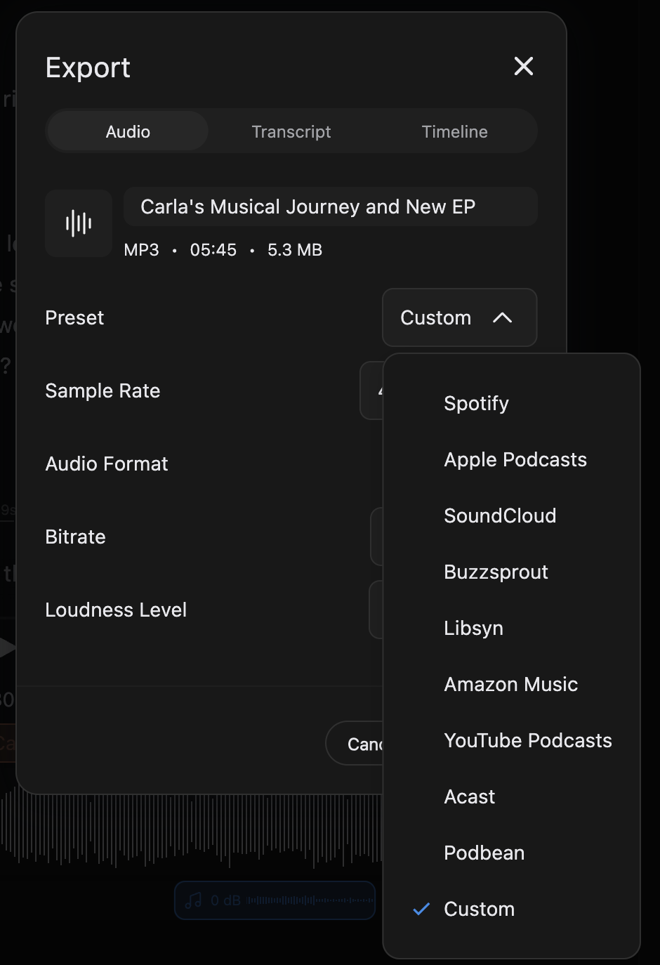 The Preset menu open, listing podcast platforms and Custom