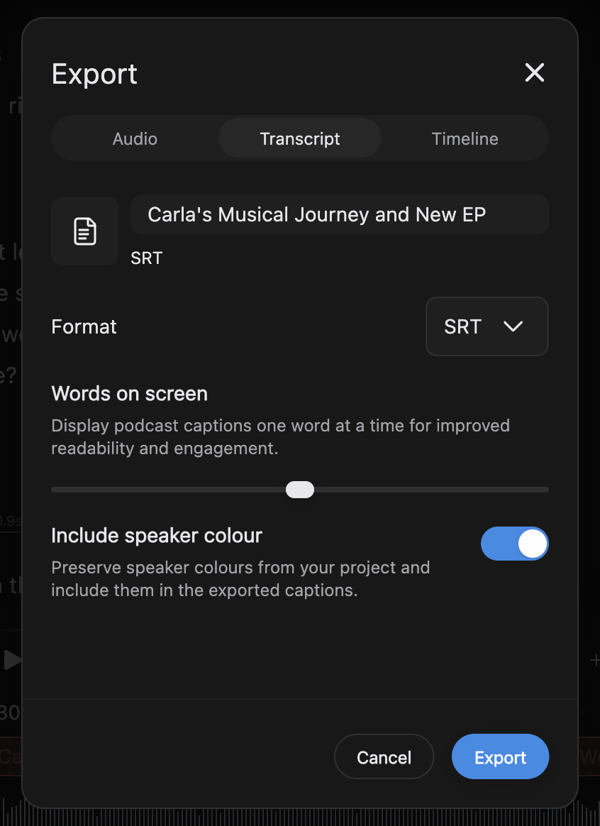 The SRT export options with a words on screen slider and an include speaker colour toggle