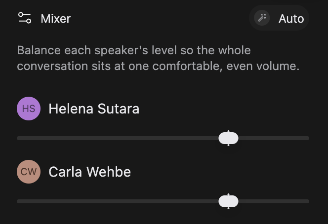 The Mixer tab showing a per-speaker level control with an Auto button