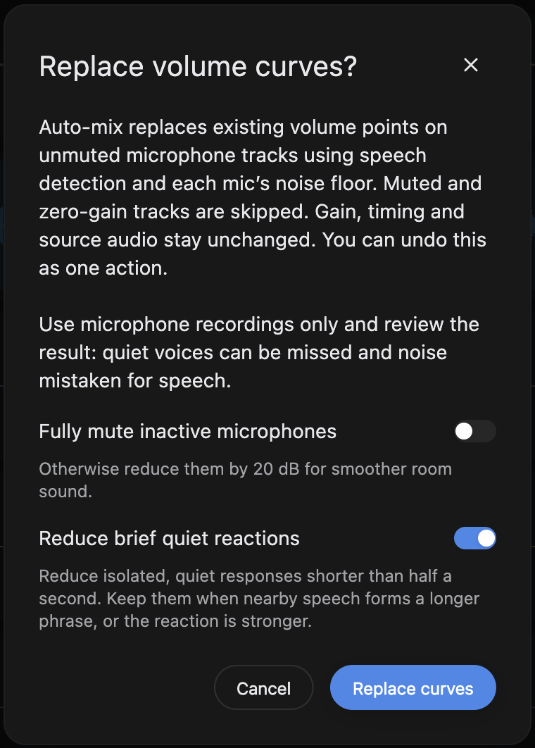 The Replace volume curves dialog with the Fully mute inactive microphones and Reduce brief quiet reactions switches