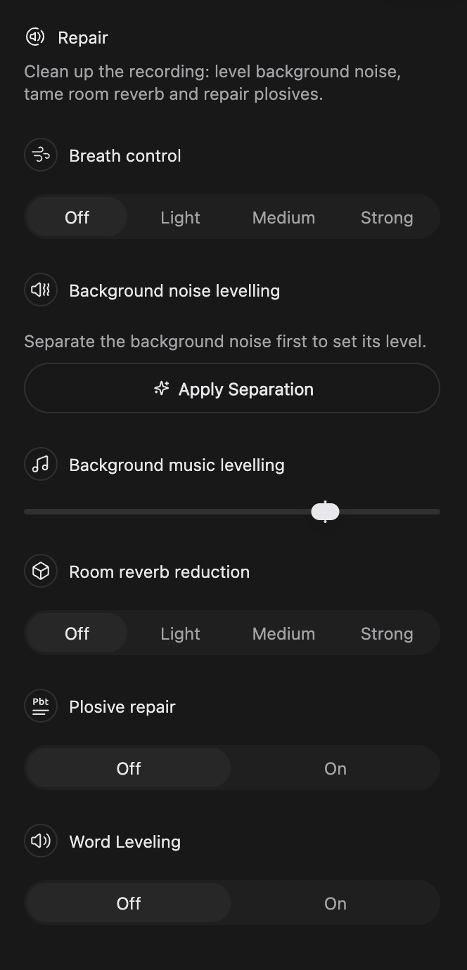 The Repair tab showing Breath control, Background noise levelling, Background music levelling, Room reverb reduction, Plosive repair and Word Leveling