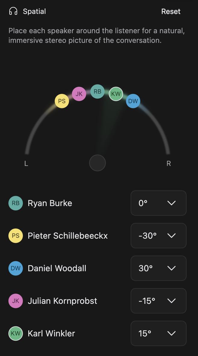 The Spatial panel with the orbit ring, the listener at the bottom and speaker avatars placed across the arc