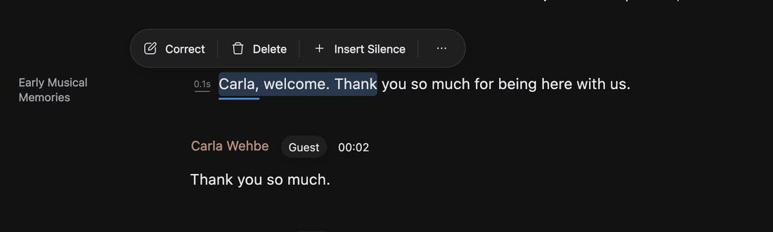 The transcript selection toolbar showing Correct, Delete, Insert Silence and the More options menu above a selected phrase