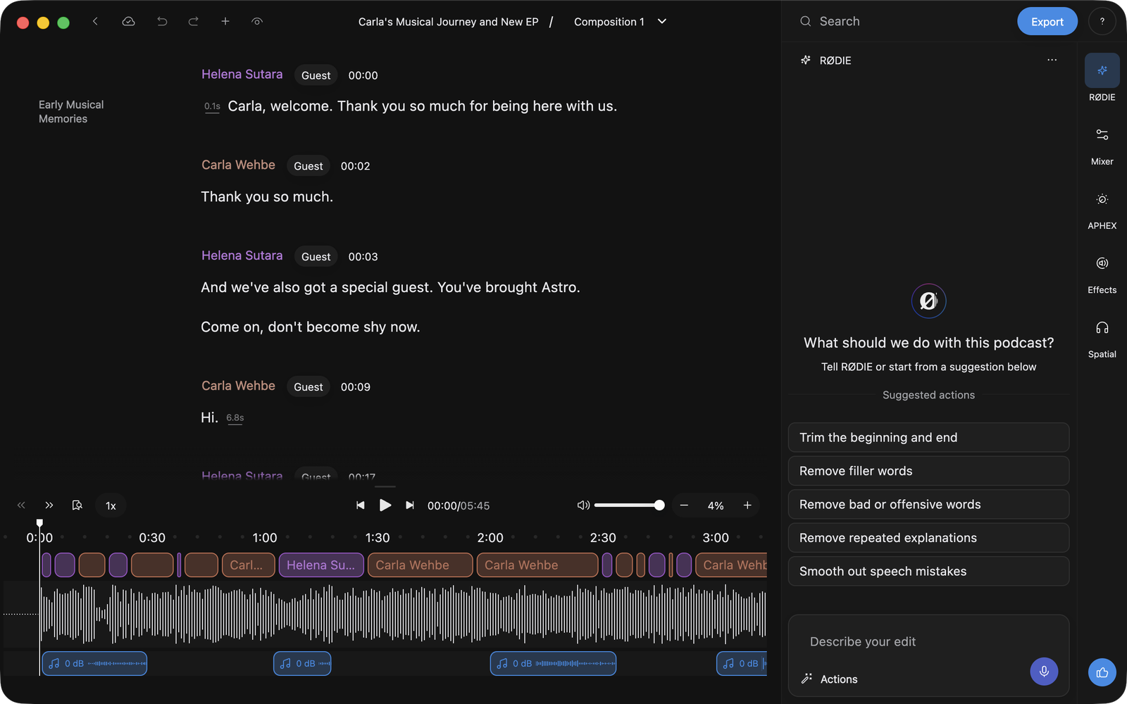 The RØDECaster Studio editor showing the transcript, the topic titles down the left, the panels on the right and the expanded timeline