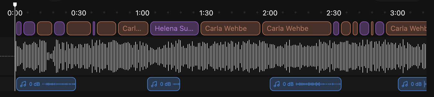 The expanded timeline with its ruler, speaker row, waveform strip and a clip row below, and the playhead crossing them
