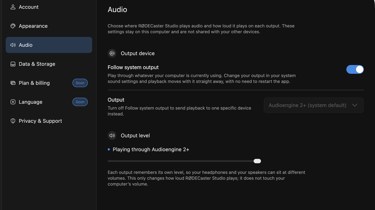 The Audio settings pane with Follow system output, an output picker, and an output level slider