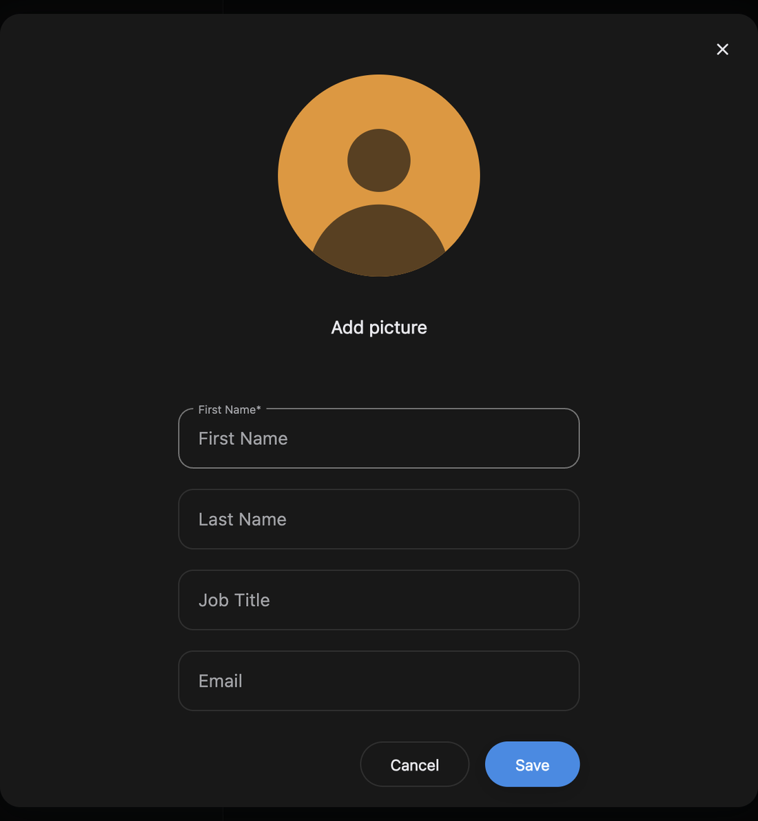 The new contact modal with an avatar placeholder, Add picture, and the First Name, Last Name, Job Title and Email fields