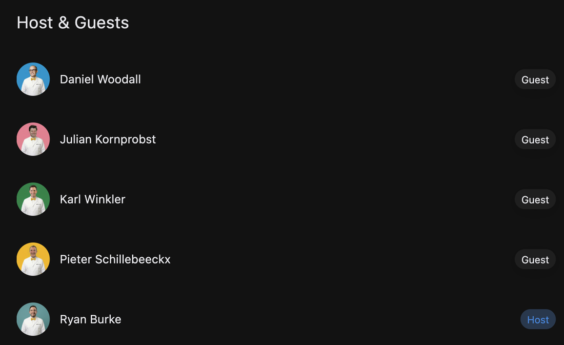 A podcast's Host and Guests list showing one person marked Host and the rest as guests