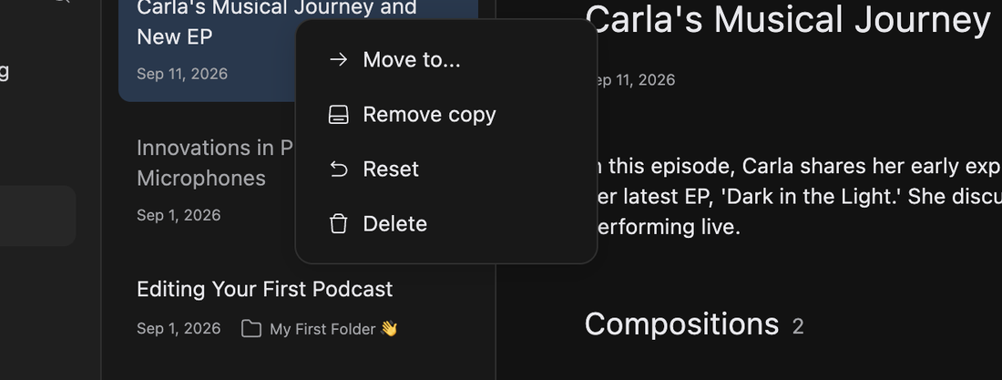 The right-click menu on a podcast, showing Move to, Remove copy, Reset and Delete