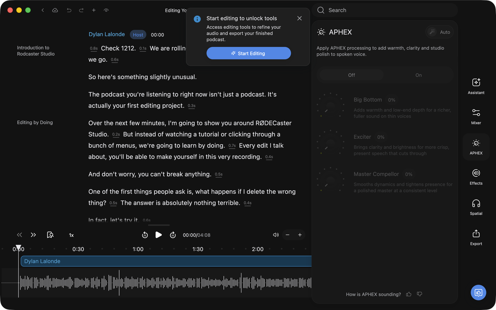 The editor showing the Start editing to unlock tools prompt over a greyed APHEX panel
