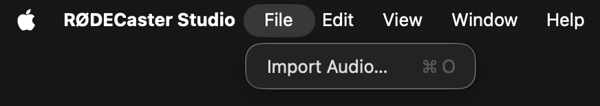 The macOS menu bar with the RODECaster Studio application menu, File, Edit, View, Window and Help, and the File menu open on Import Audio
