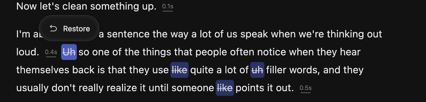 The transcript in View changes mode with a struck-through cut and the Restore menu open